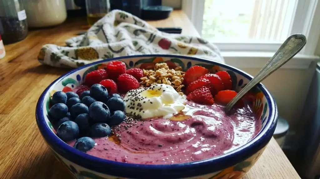 Berry smoothie bowl with nuts, seeds and fresh fruit – 10-minute recipe