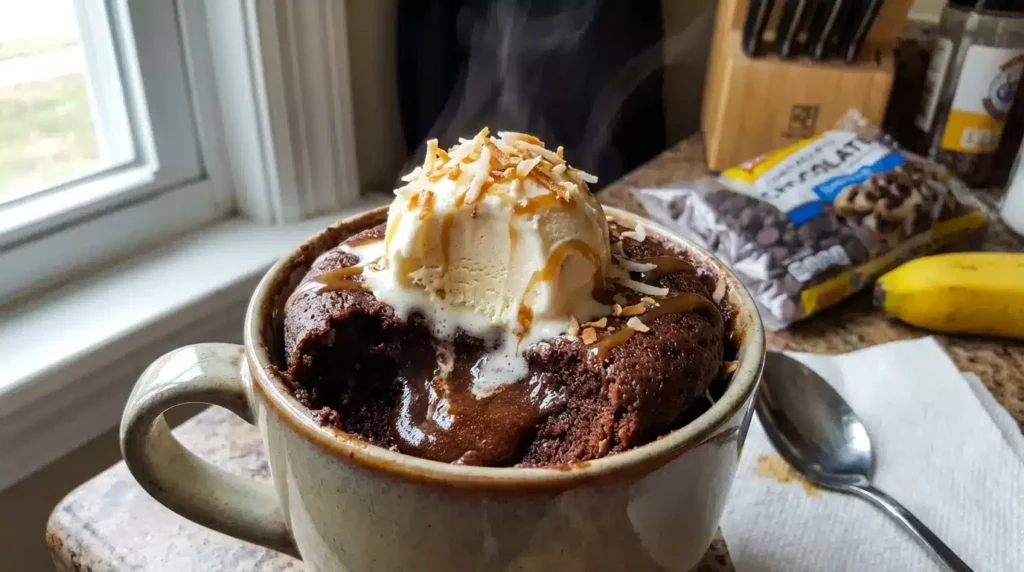 Warm chocolate mug cake baked in microwave – fast 10-minute recipe
