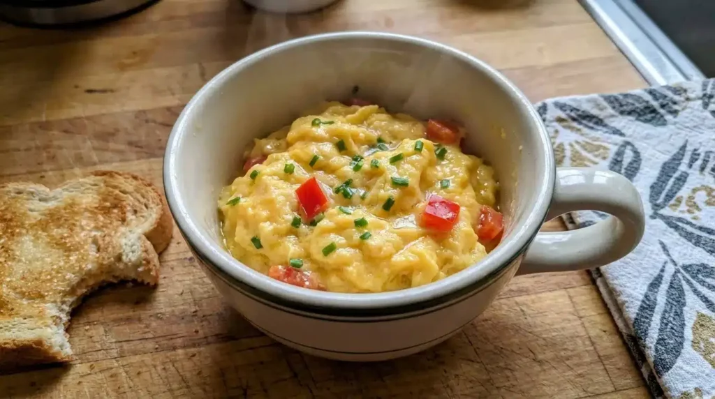 Soft fluffy scrambled eggs made in a mug – easy 10-minute recipe