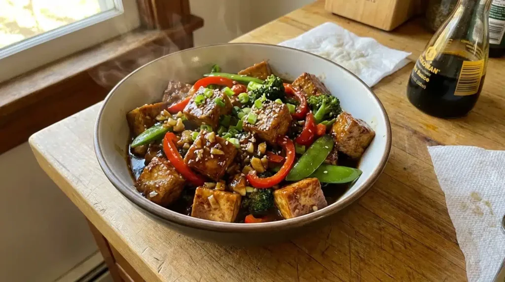 Crispy garlic tofu stir-fry with vegetables – fast 10-minute recipe