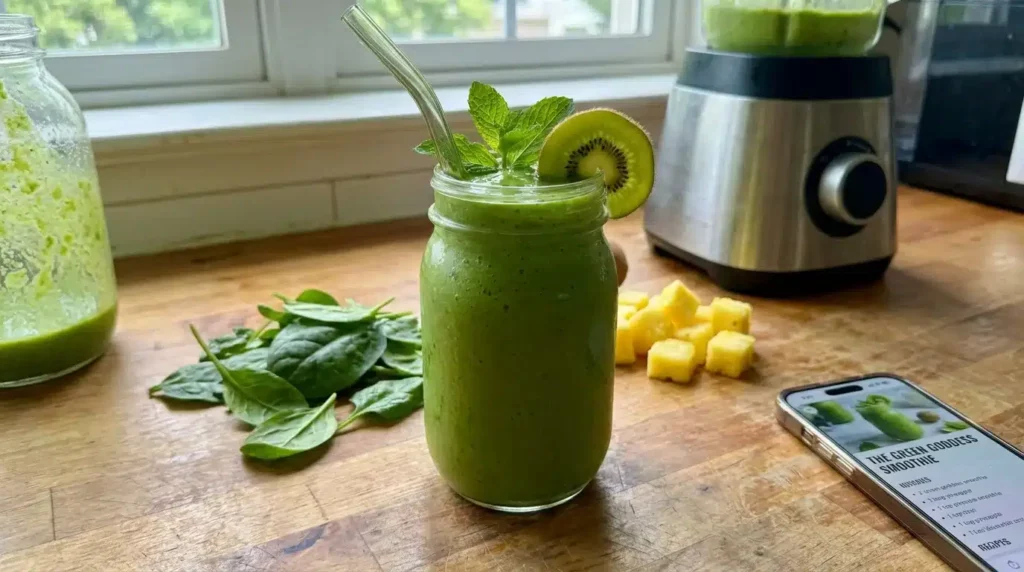 Green goddess smoothie with spinach, banana and almond butter – quick 10-minute recipe