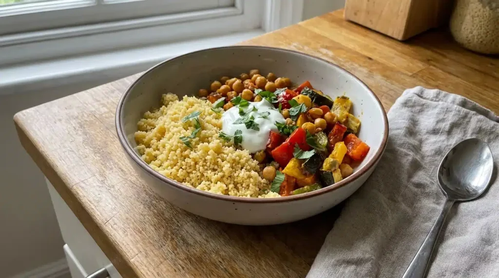 Couscous bowl with tomatoes, cucumbers and lemon – 10-minute recipe