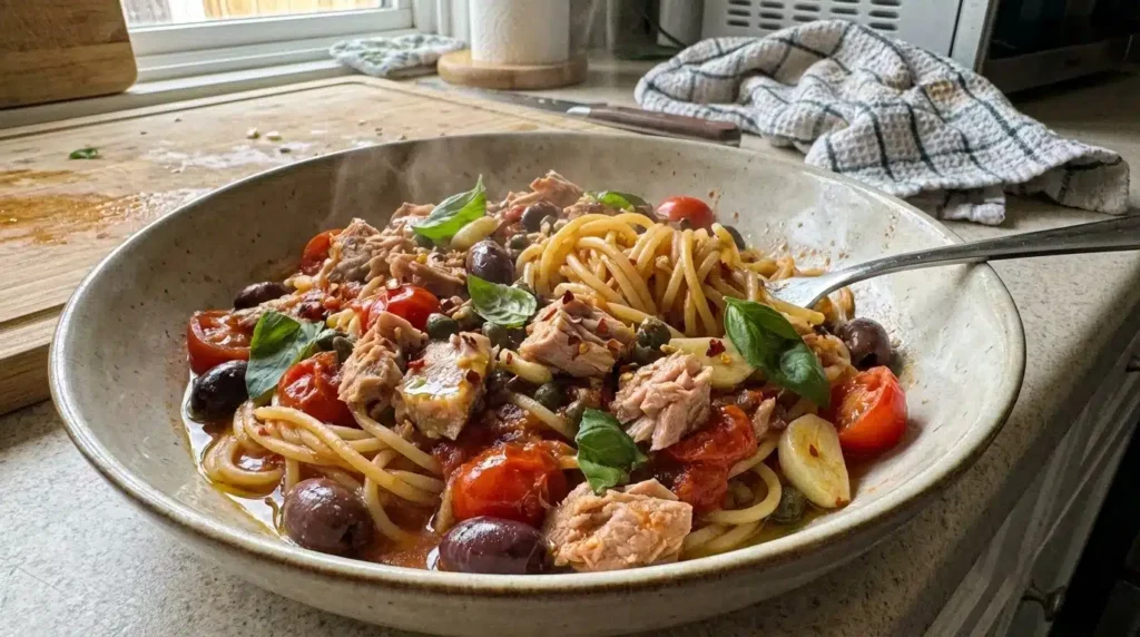 Pasta with tuna, olives, capers and tomatoes – fast 10-minute recipe