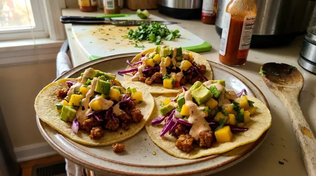 Soft vegan tacos with black beans, avocado and corn salsa – 10-minute recipe