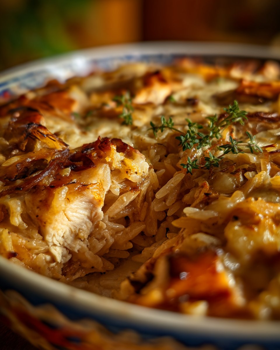French Onion Chicken Orzo Casserole