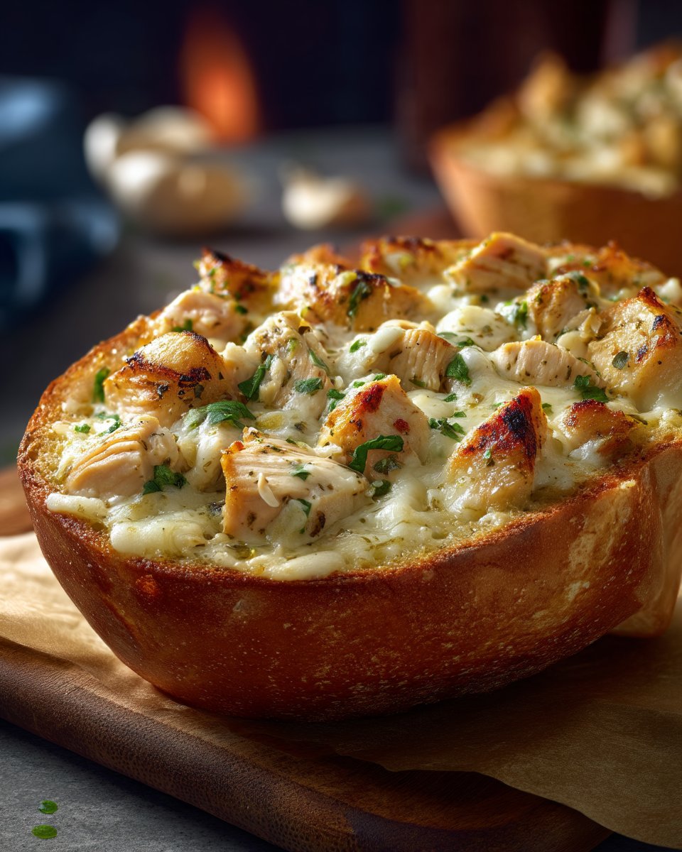 Chicken Alfredo Garlic Bread Bowls