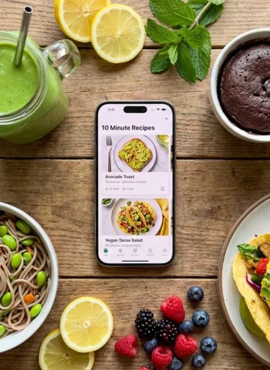 Assortment of fresh quick dishes including avocado toast, salmon, noodles and parfait – hero image for 10-minute recipe collection