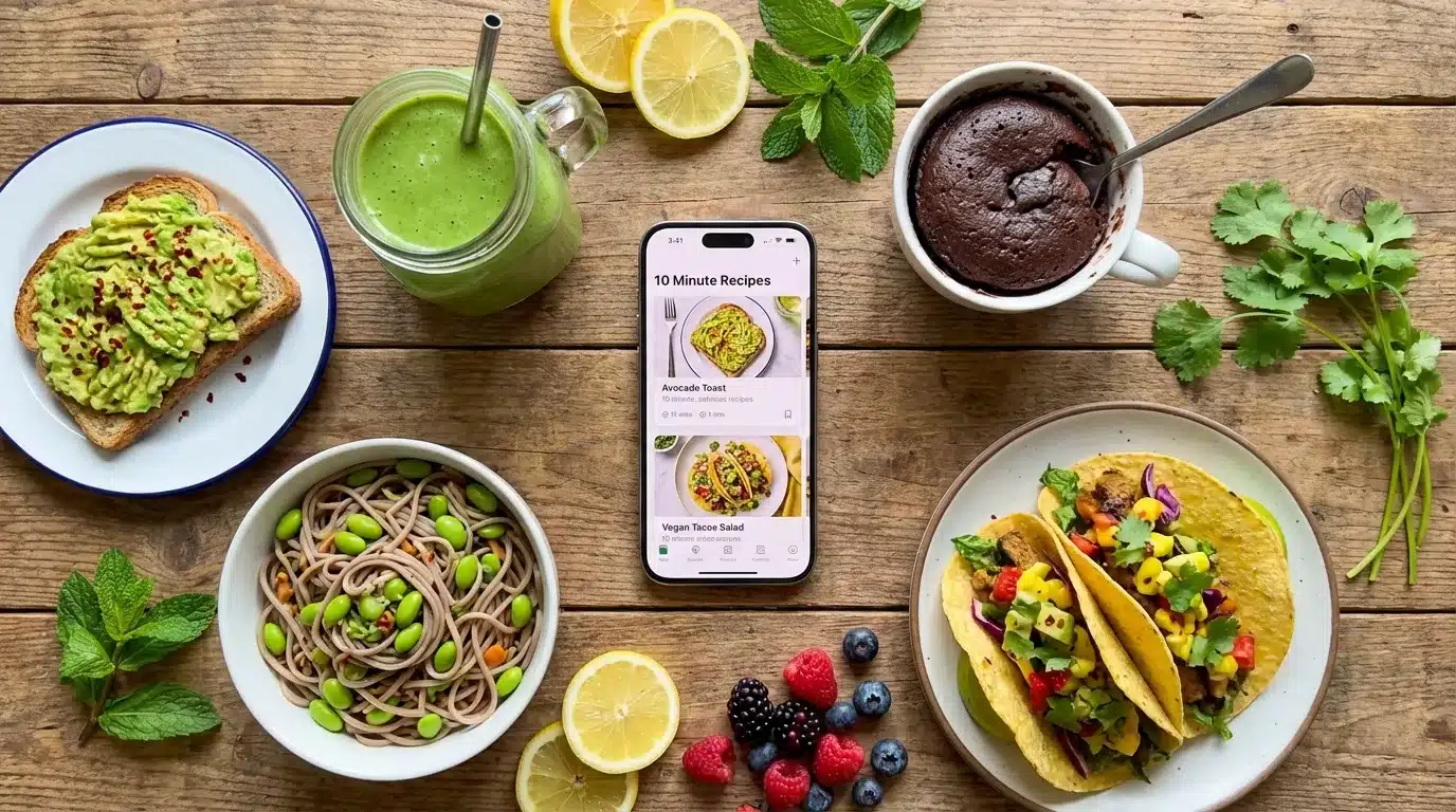 Assortment of fresh quick dishes including avocado toast, salmon, noodles and parfait – hero image for 10-minute recipe collection