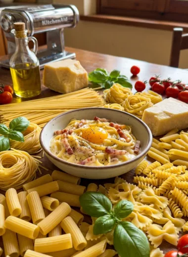 assorted pasta shapes and carbonara hero shot on wooden kitchen table