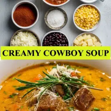 Bowl of creamy Cowboy Soup garnished with herbs and spices