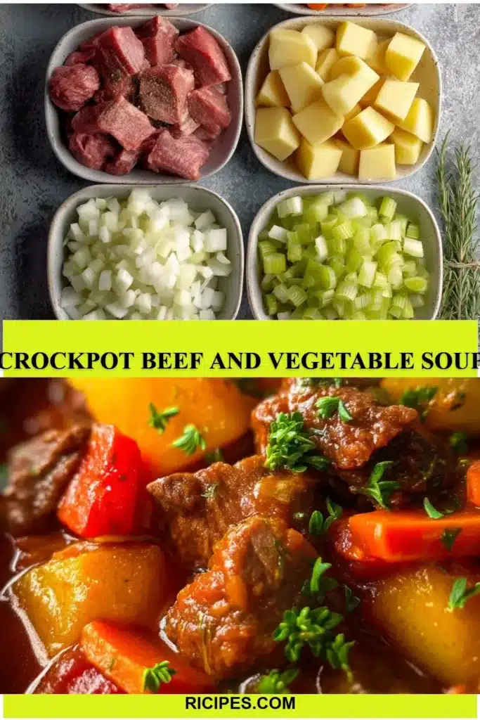 Crockpot Beef and Vegetable Soup with fresh ingredients and herbs