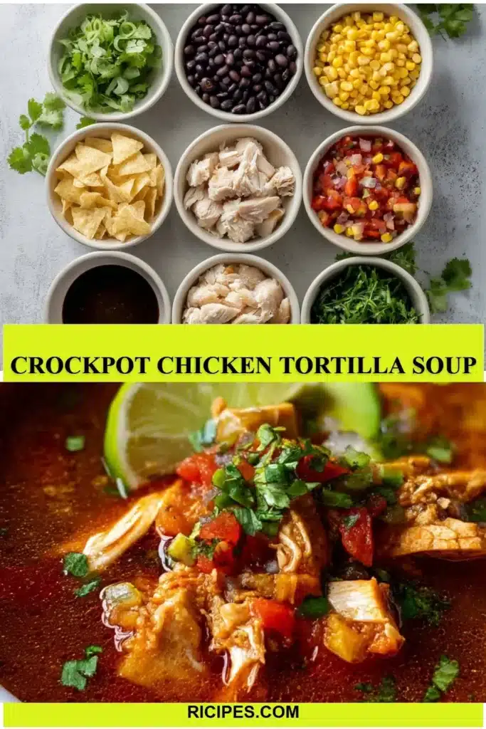 Bowl of Crockpot Chicken Tortilla Soup topped with cilantro and avocado.