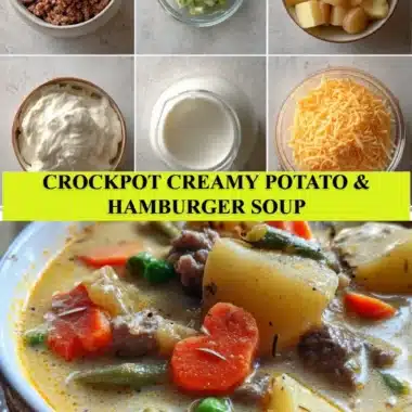 Crockpot Creamy Potato and Hamburger Soup in a bowl with herbs