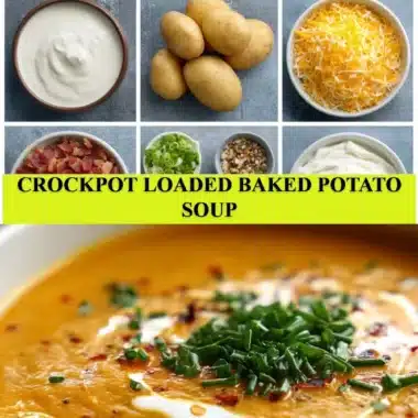 Crockpot loaded baked potato soup topped with cheese and bacon