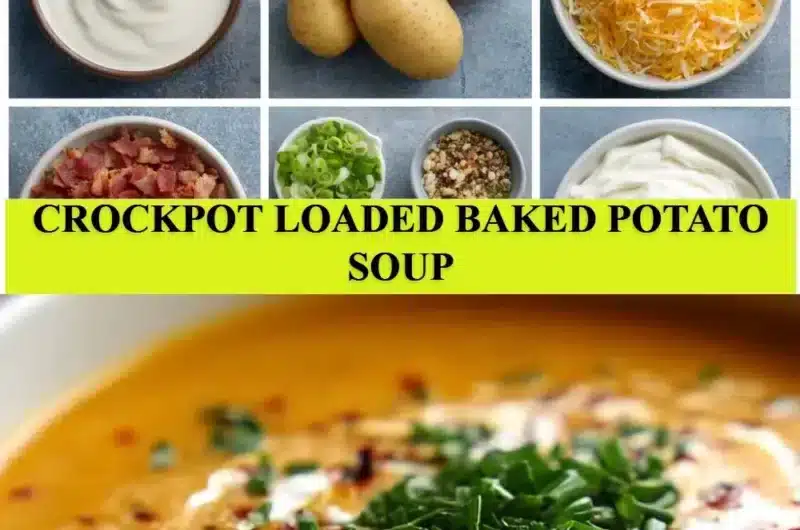 Crockpot loaded baked potato soup topped with cheese and bacon