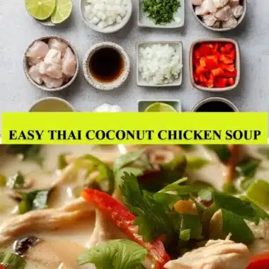 Bowl of Easy Thai Coconut Chicken Soup garnished with herbs.