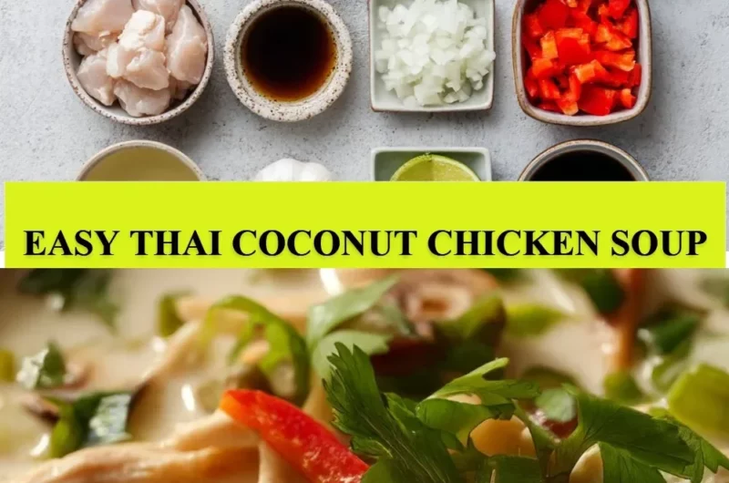 Bowl of Easy Thai Coconut Chicken Soup garnished with herbs.