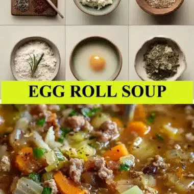 A bowl of steaming Egg Roll Soup garnished with green onions and herbs.