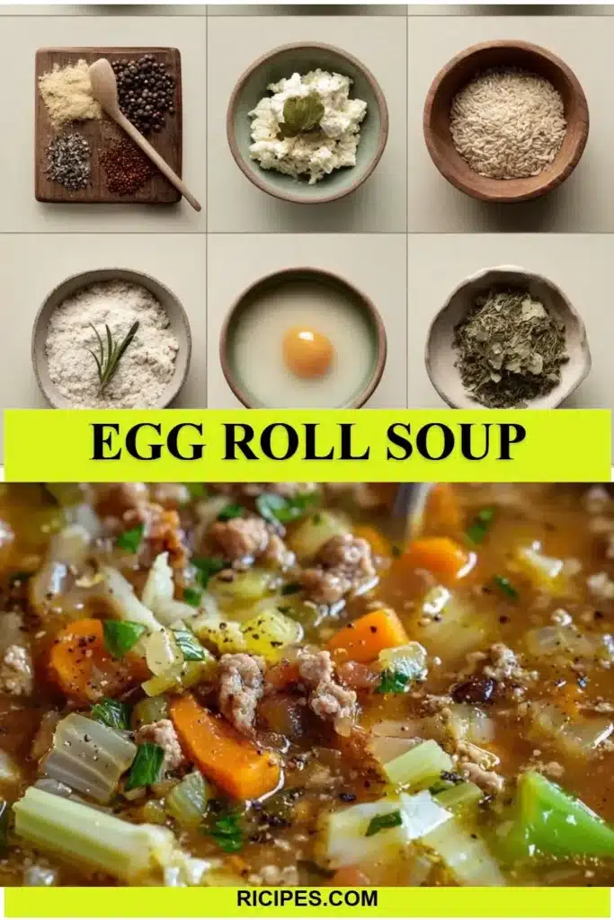 A bowl of steaming Egg Roll Soup garnished with green onions and herbs.