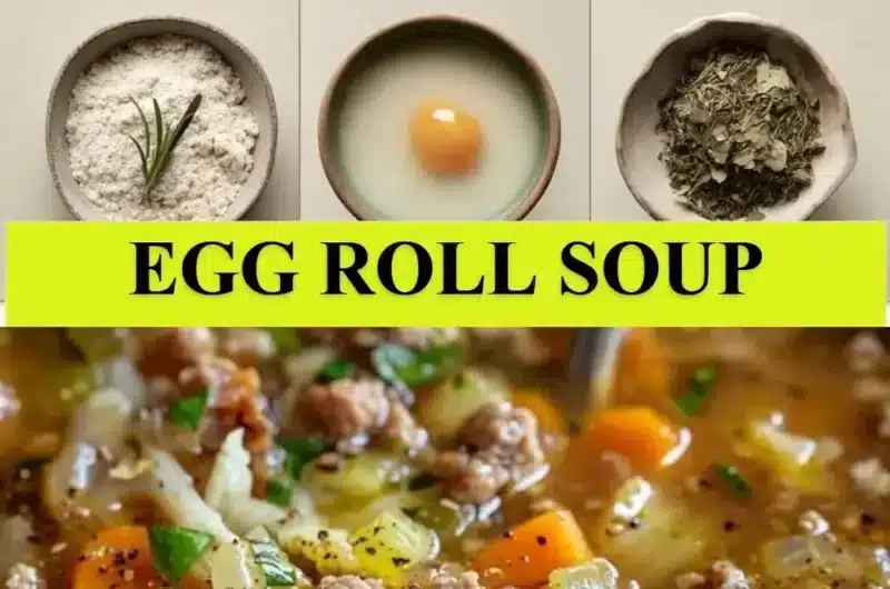 A bowl of steaming Egg Roll Soup garnished with green onions and herbs.