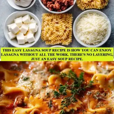 Delicious and easy lasagna soup in a bowl with ingredients on the side