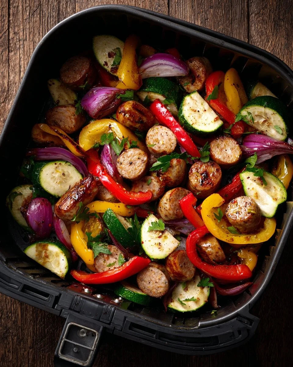 Quick 10-minute air fryer chicken sausage served with colorful veggies