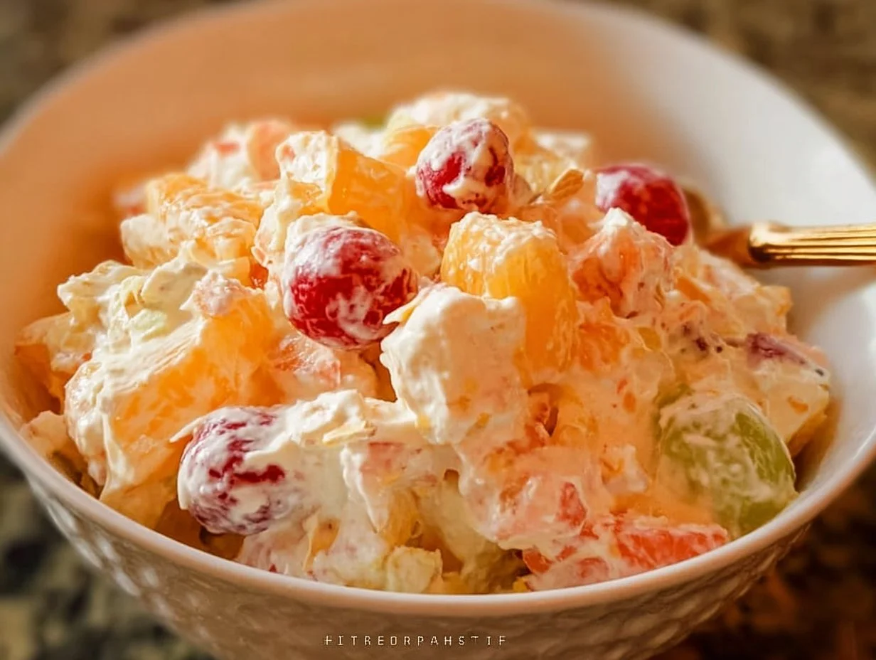 Ambrosia Salad with fruits and nuts served in a bowl