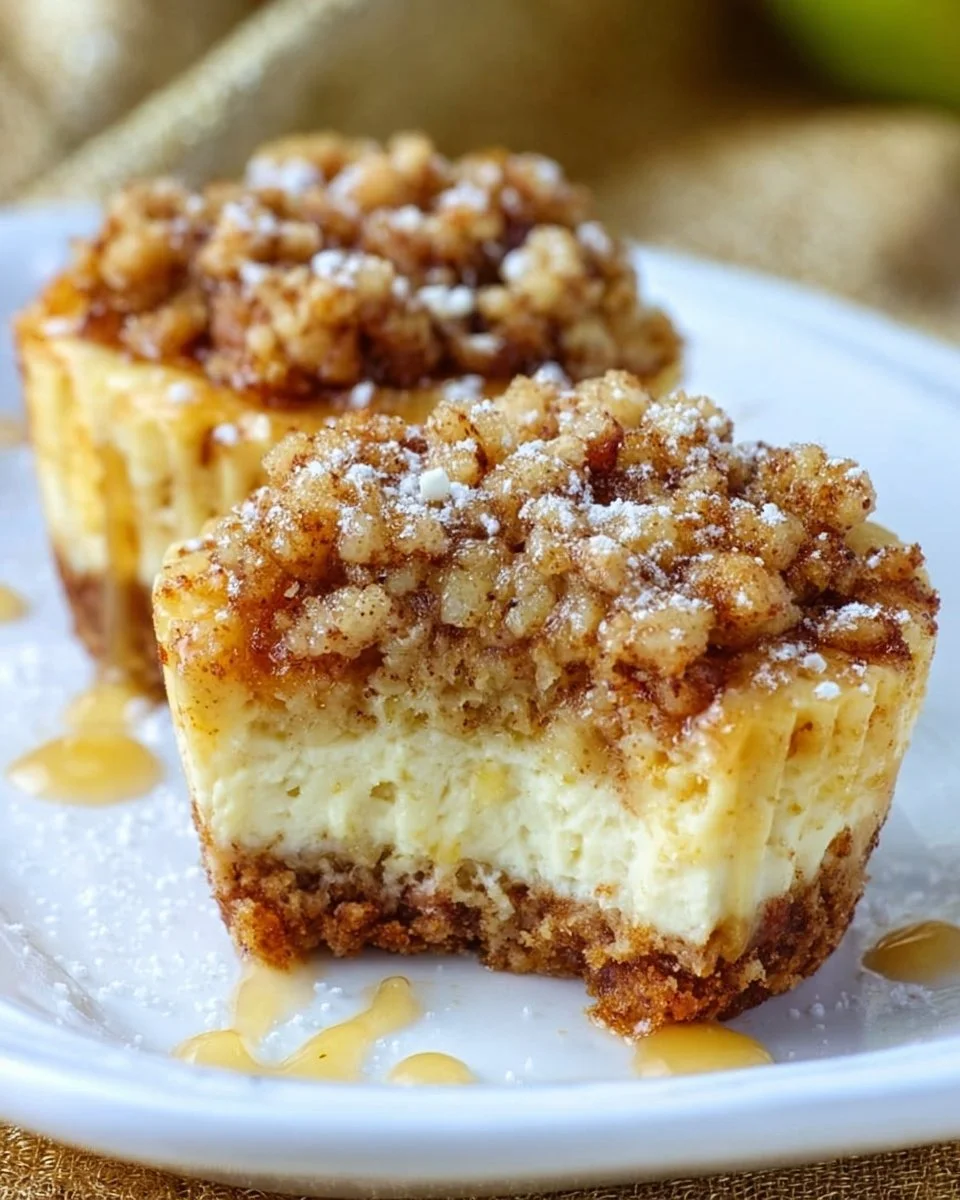 Apple Crisp Mini Cheesecakes topped with apple slices and crumbly topping