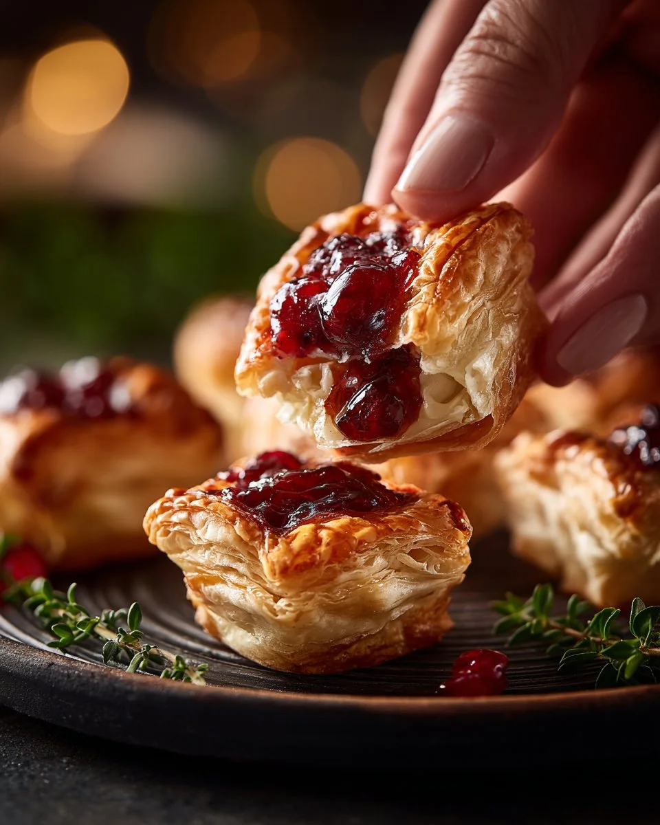 Baked cranberry brie bites served on a platter, garnished with herbs.
