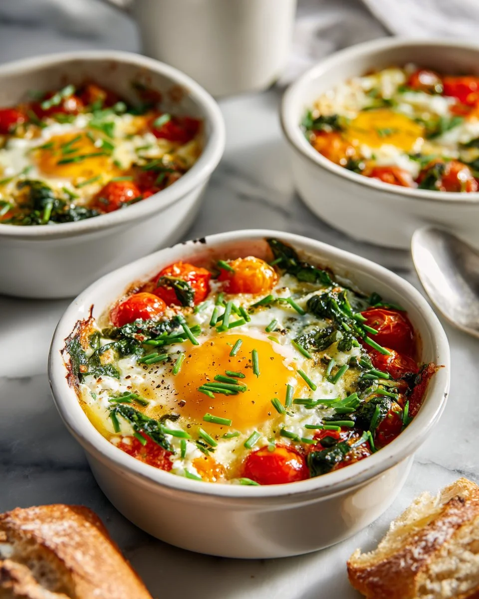 Baked feta eggs with tomatoes and spinach served in a dish