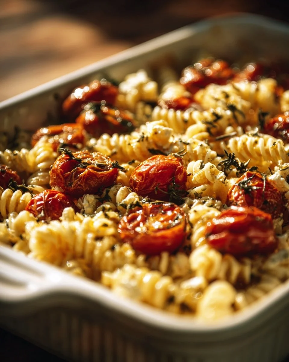 Baked feta pasta dish with cherry tomatoes and basil on a plate