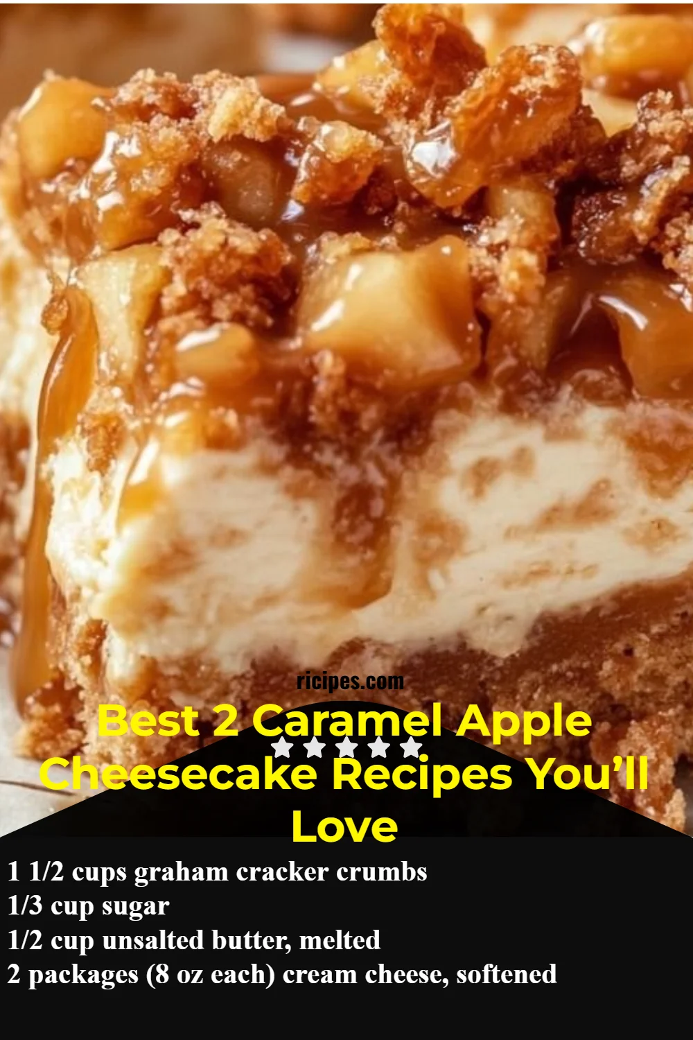 Delicious caramel apple cheesecake topped with caramel sauce and apples