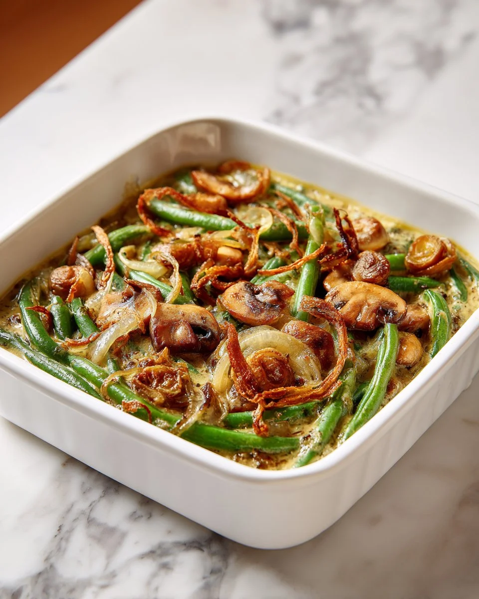 Delicious best-ever green bean casserole served in a dish
