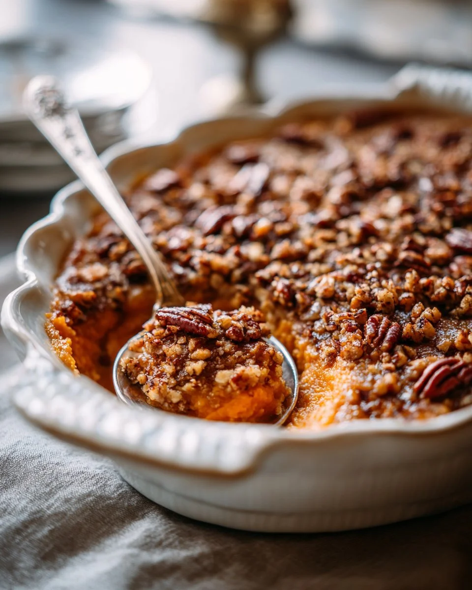 Delicious sweet potato casserole topped with marshmallows and pecans