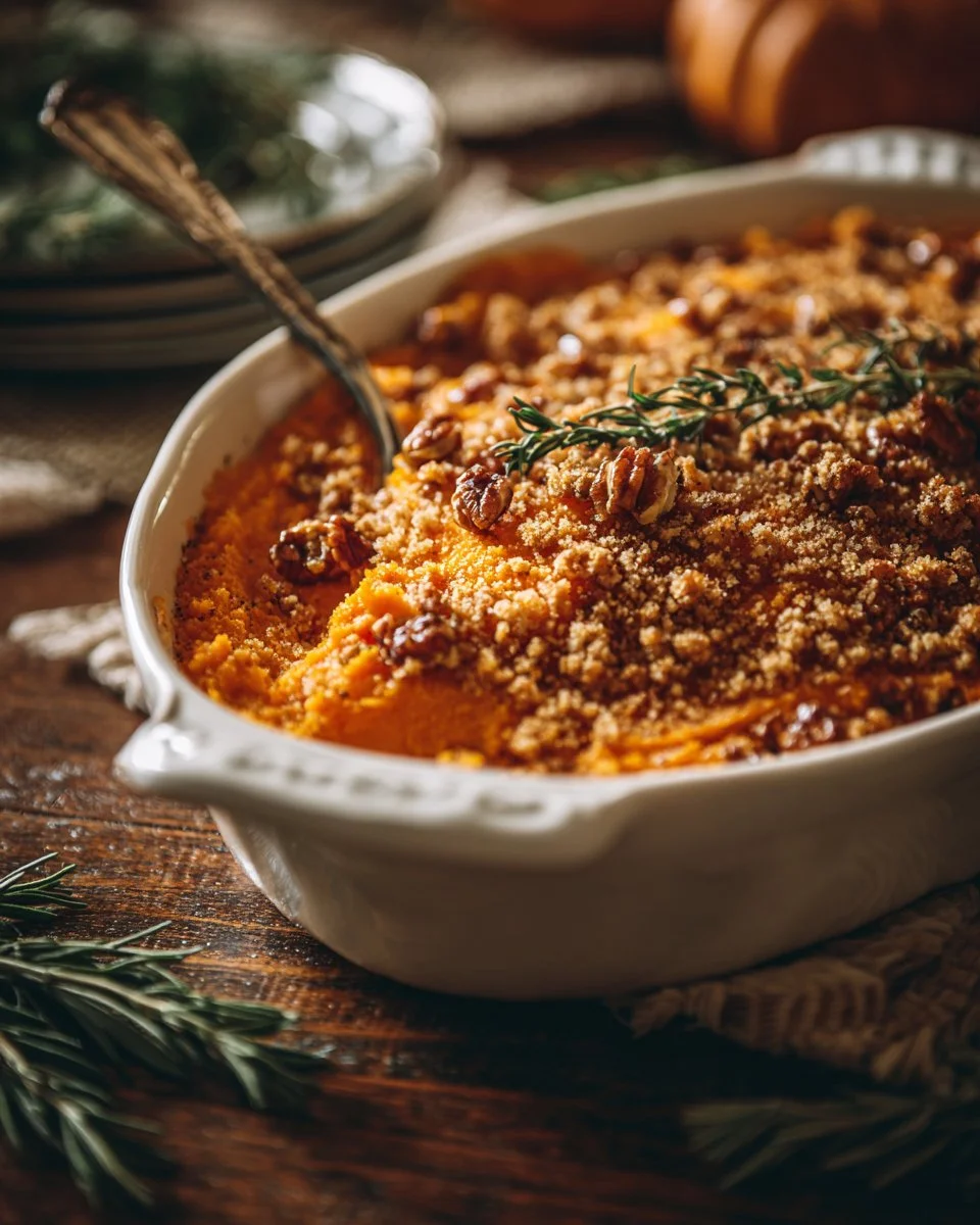 Deliciously baked sweet potato casserole with pecan topping on a serving dish.