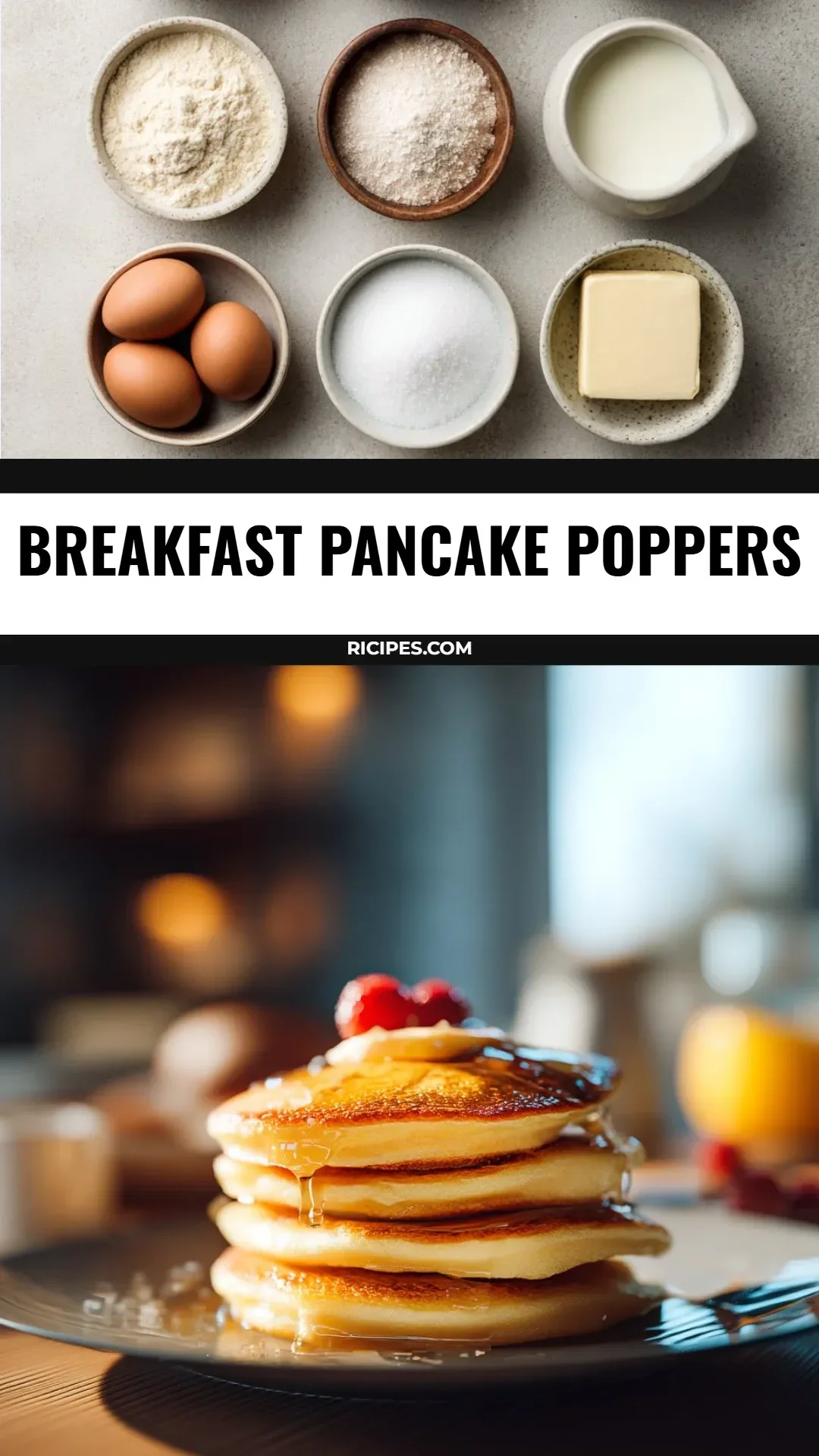 Breakfast Pancake Poppers 1 Delicious breakfast pancake poppers served on a plate with syrup and strawberries.