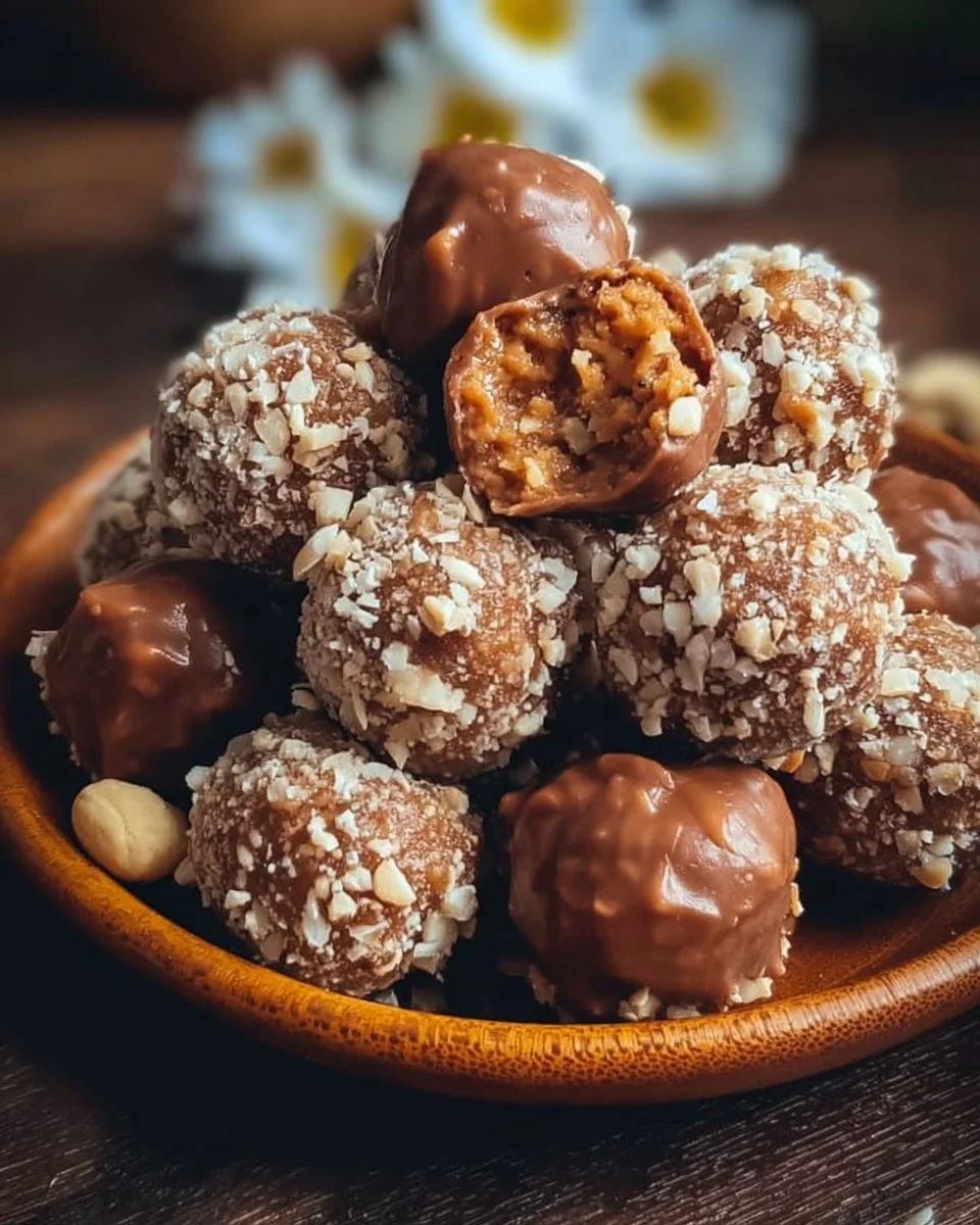 Homemade Butterfinger Bliss Balls with chocolate and peanut butter