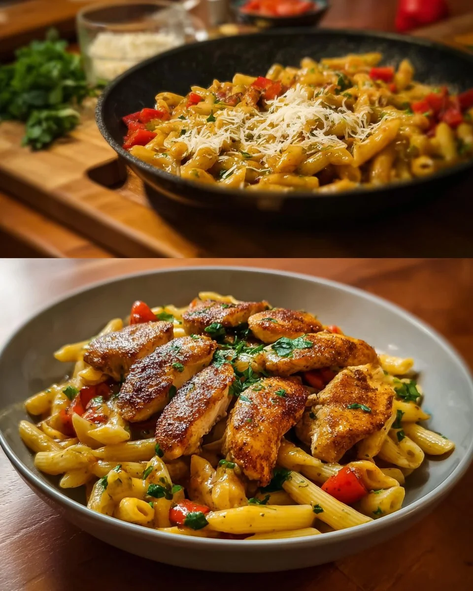 Delicious Cajun Chicken Pasta garnished with herbs and spices
