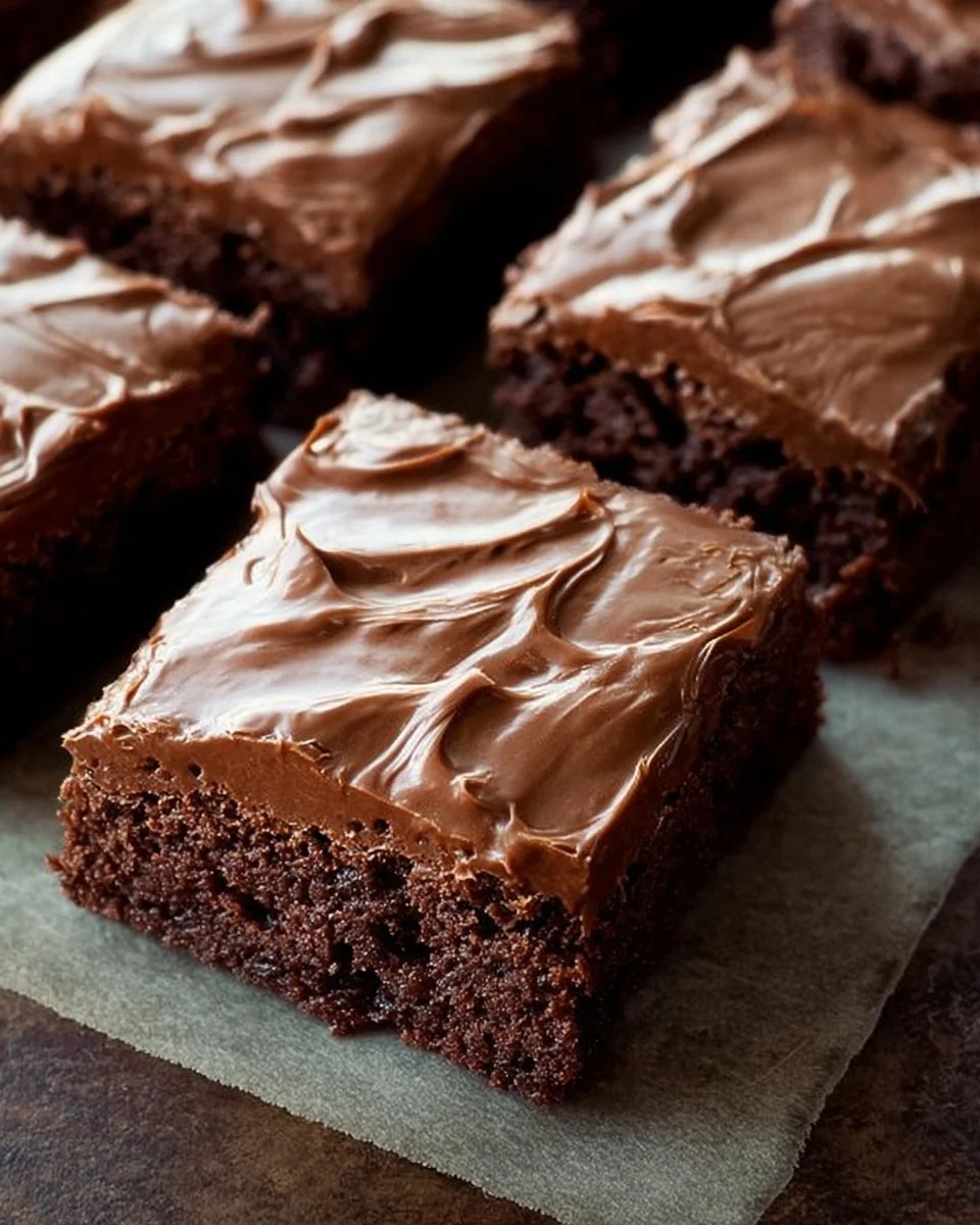 Delicious cake-like brownies with chocolate frosting on a plate