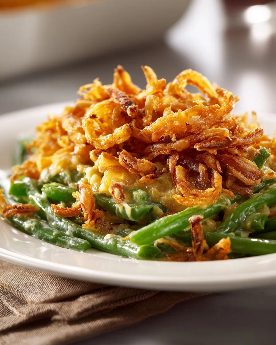 Campbell’s Green Bean Casserole 1 Delicious Campbell's green bean casserole served in a dish.