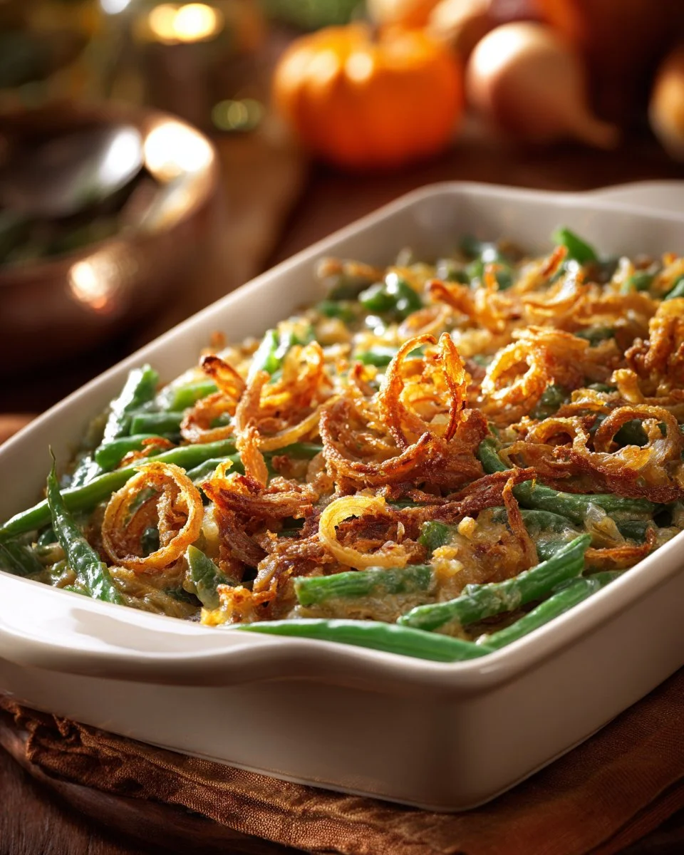 Campbell's Green Bean Casserole 1 A delicious serving of Campbell's Green Bean Casserole topped with crispy onions