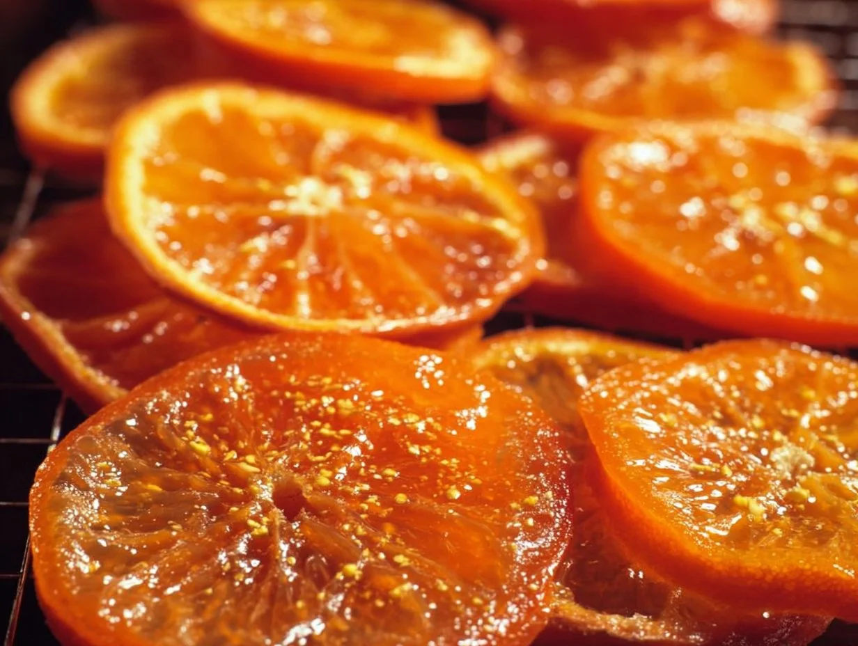 Homemade candied orange slices on a plate