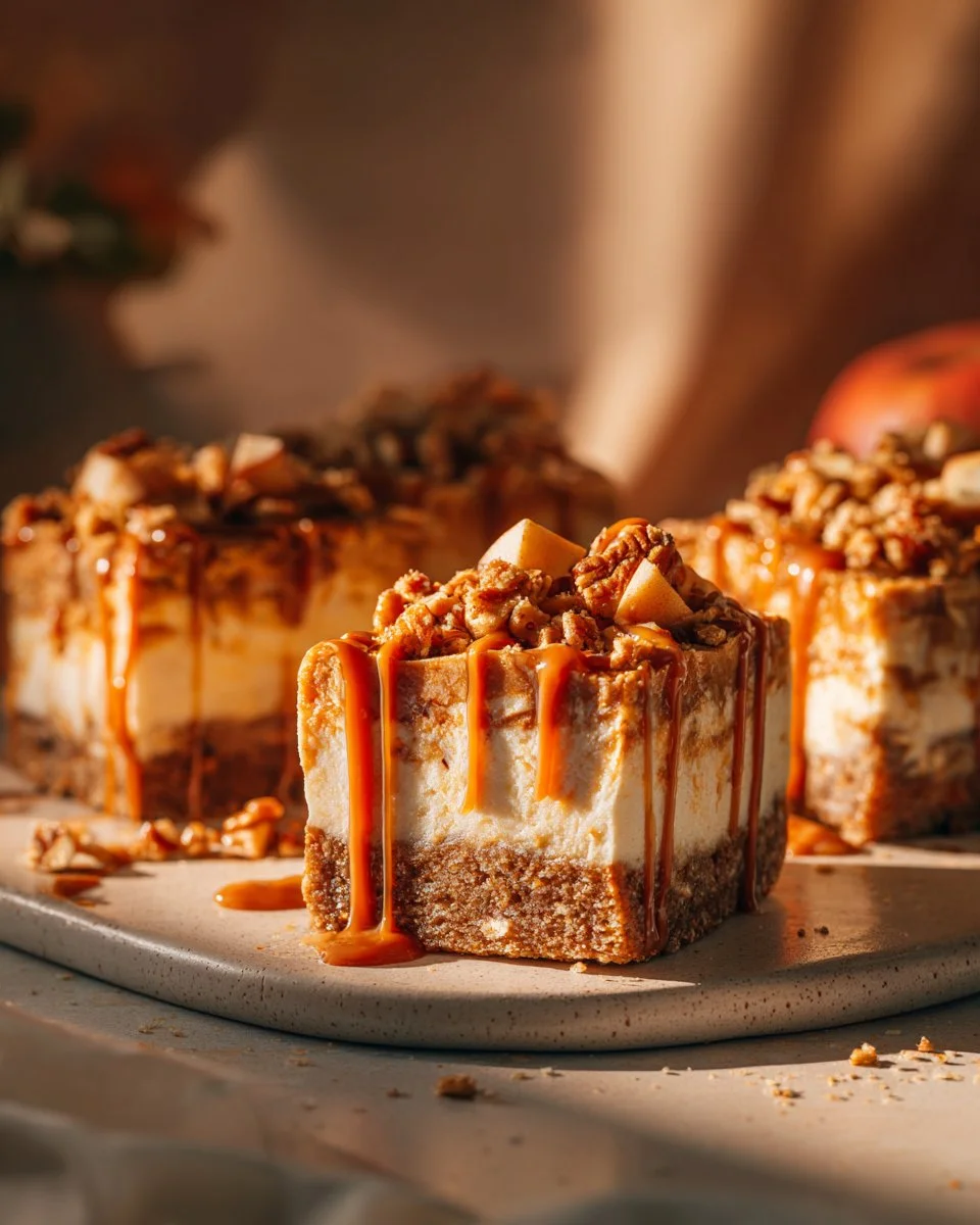 Delicious Caramel Apple Cheesecake Bars topped with caramel and apples