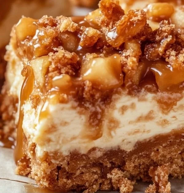 Delicious caramel apple cheesecake bars topped with caramel drizzle and apple slices.