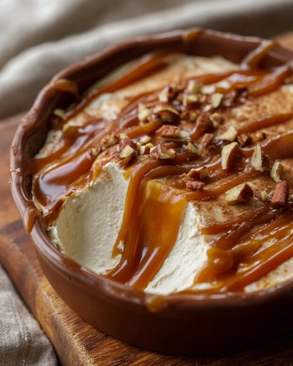 Delicious caramel apple cheesecake dip served with fruit and snacks