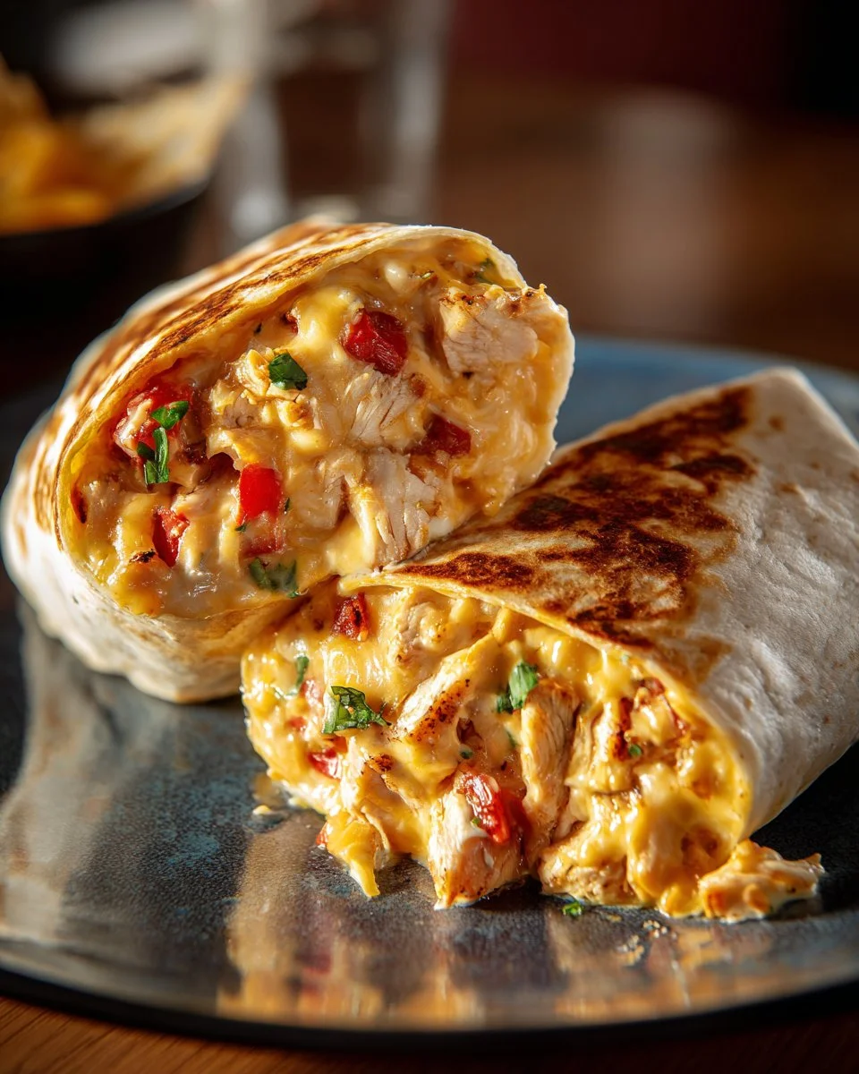 Delicious cheesy garlic chicken wraps served on a plate with fresh ingredients.