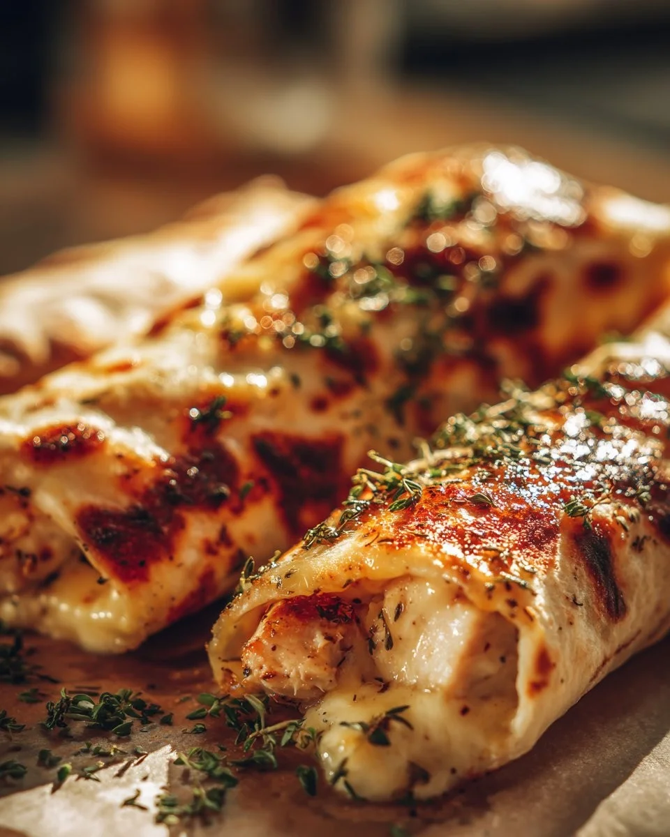 Cheesy garlic chicken wraps with fresh ingredients wrapped in a tortilla