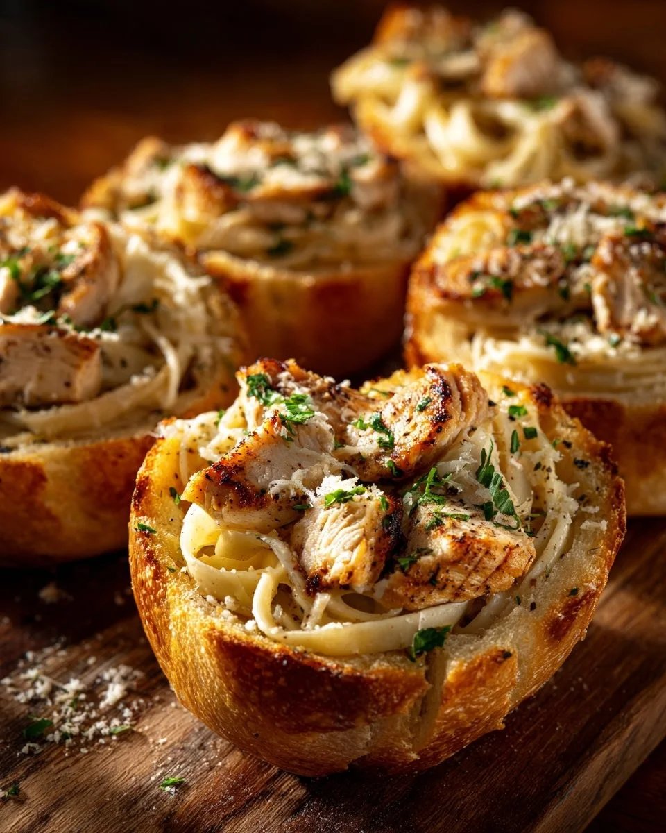 Chicken Alfredo Garlic Bread Bowls 1 Chicken Alfredo garlic bread bowls served with creamy pasta and herbs