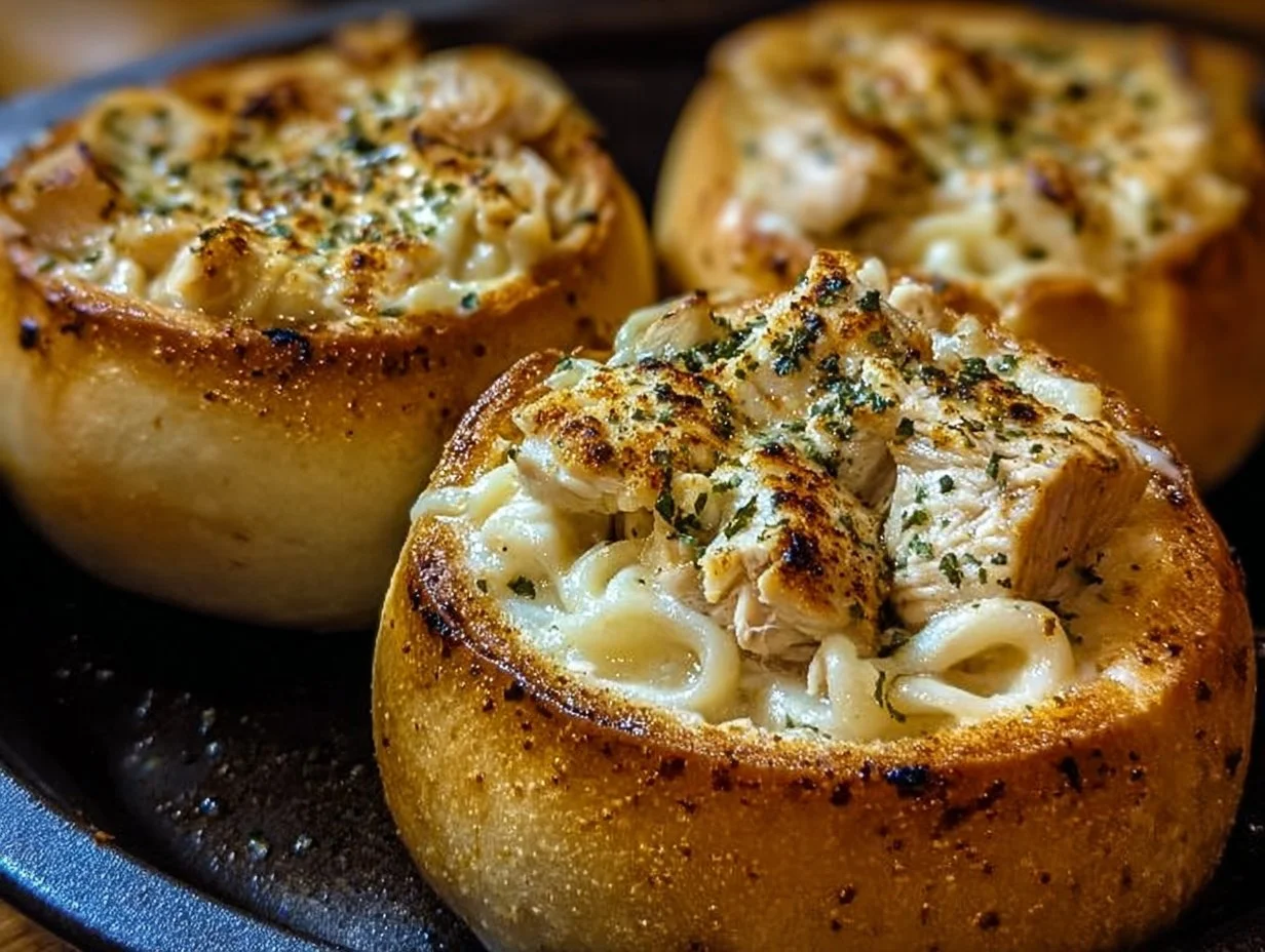 Chicken Alfredo Garlic Bread Bowls served with creamy sauce and crispy bread