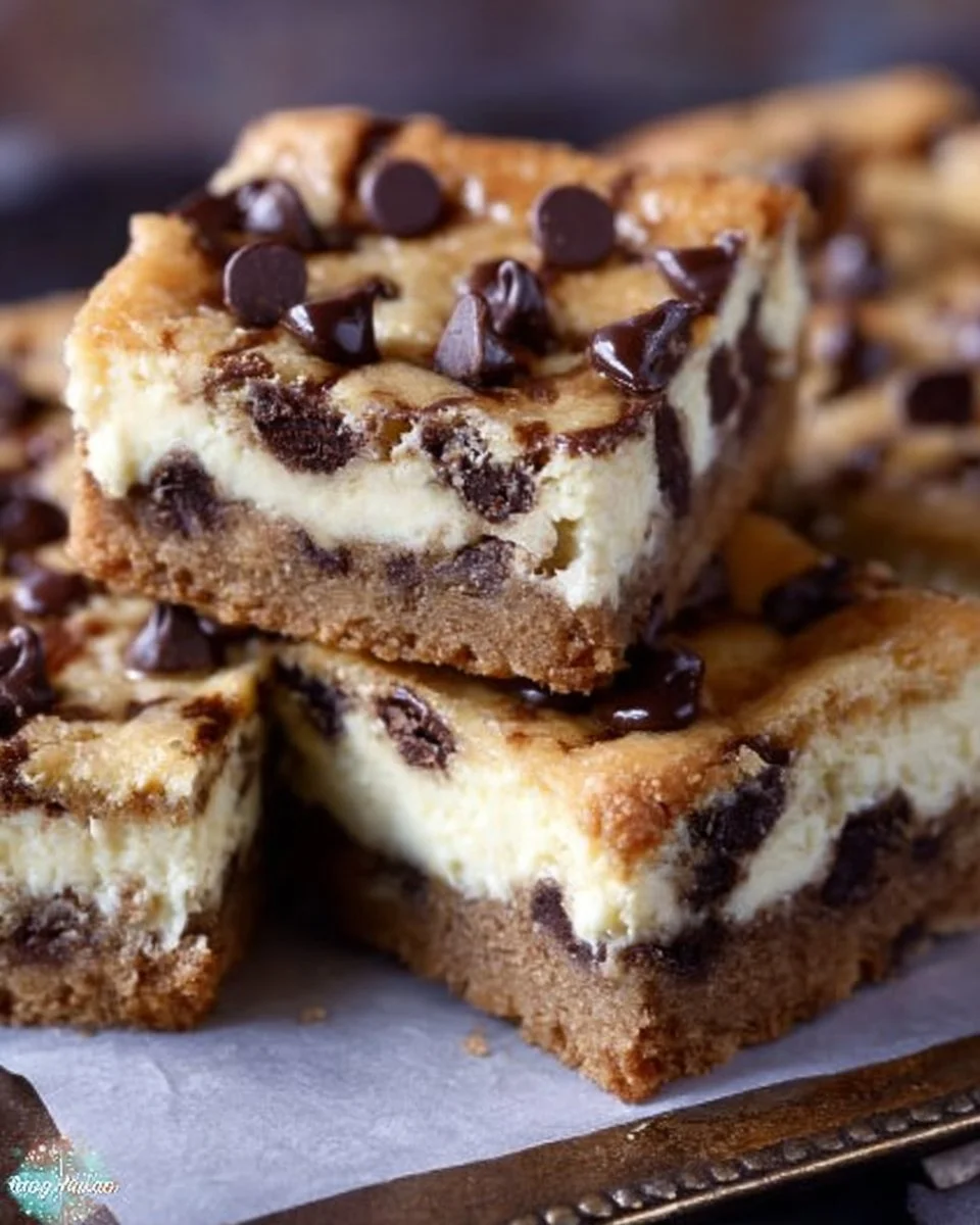 Chocolate chip cookie cheesecake bars with a creamy filling and cookie crust